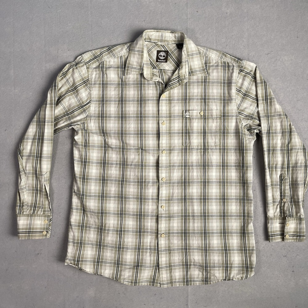 Timberland Casual Button Front Shirt Men Medium Beige‎ Plaid Long Sleeve